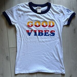 Pink “Good Vibes” ringer t-shirt // Size Small